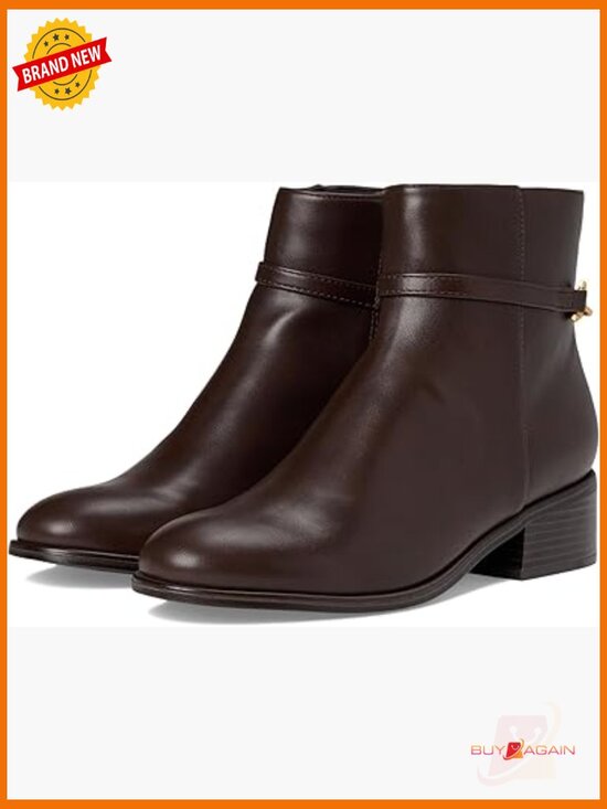 Shoes - Faux Leather Ankle Booties with Block Heel and Zip Closure